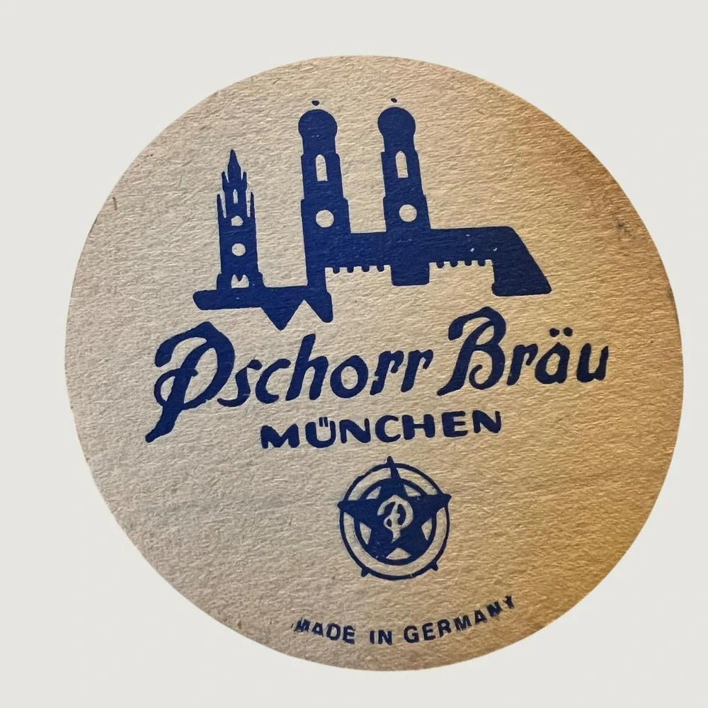 Pschorr Bräu Beer Coaster Blue White Vintage Munich‎ Germany Skyline Round